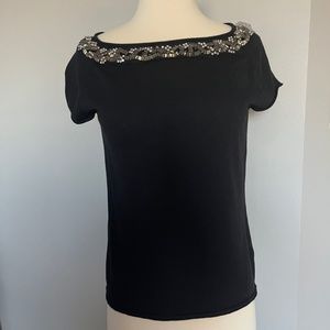 Jones NY October Black Jeweled‎ Beaded Top Cap Sleeve Embellished Shirt Top